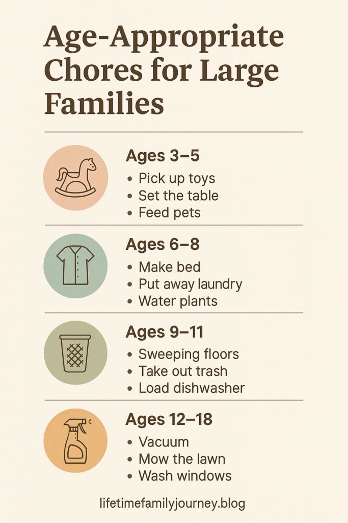 Colorful chart of age-appropriate chores for large families, dividing tasks into groups from preschool to teens to teach responsibility.