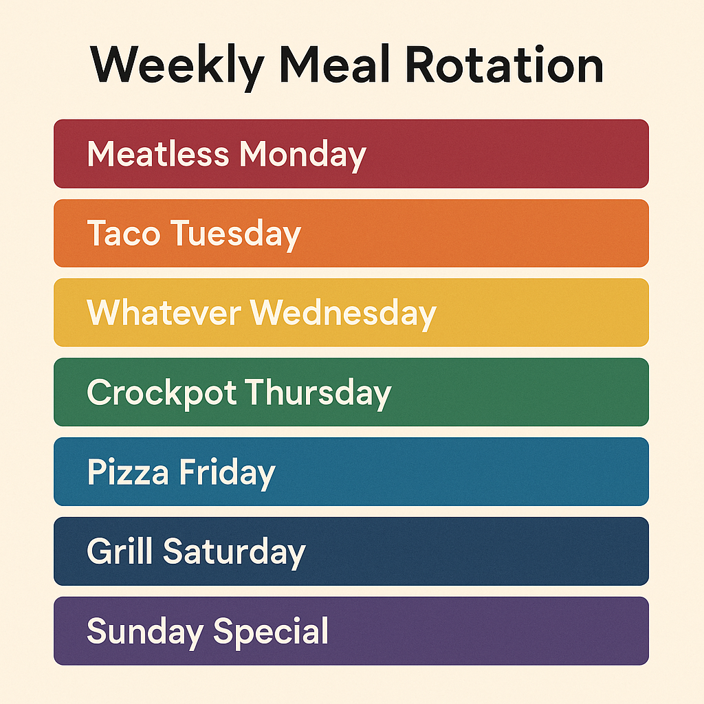 Weekly meal rotation chart for a large family, listing Meatless Monday, Taco Tuesday, Crockpot Thursday, Pizza Friday, and Sunday Special ideas.