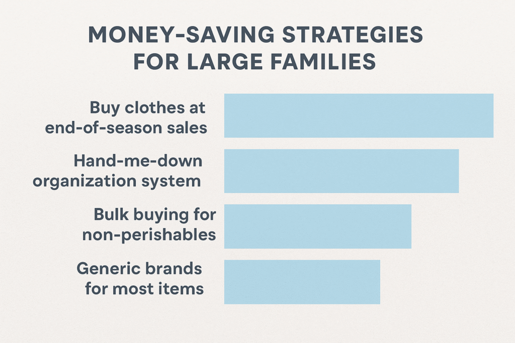 Infographic of money-saving tips for raising a large family, including hand-me-downs, bulk shopping, generic brands, and end-of-season sales.