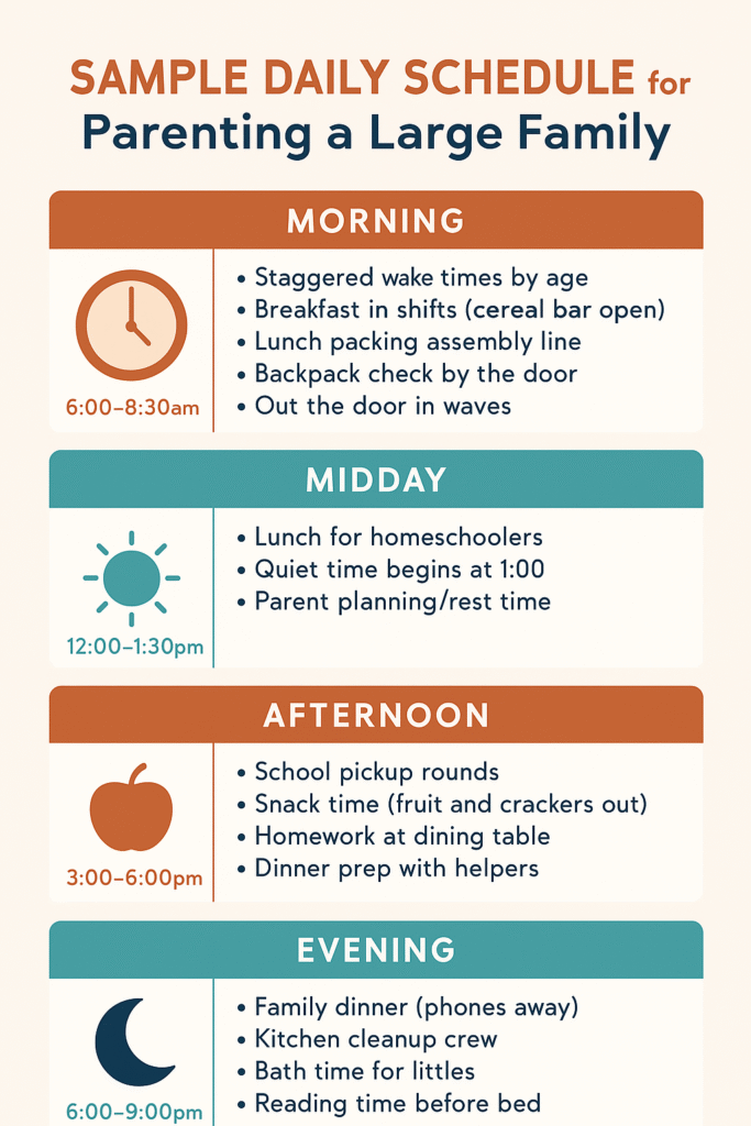 Sample daily schedule for parenting a large family, dividing morning, midday, afternoon, and evening routines with color-coded tasks.