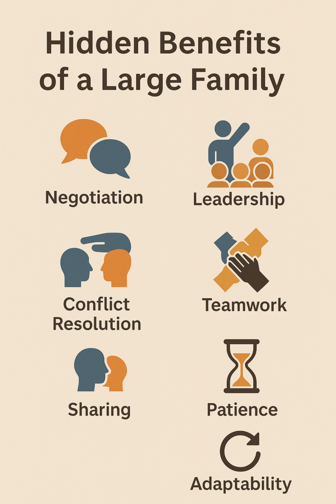 Infographic of hidden benefits children gain in large families, including teamwork, negotiation, sharing, patience, adaptability, and leadership.