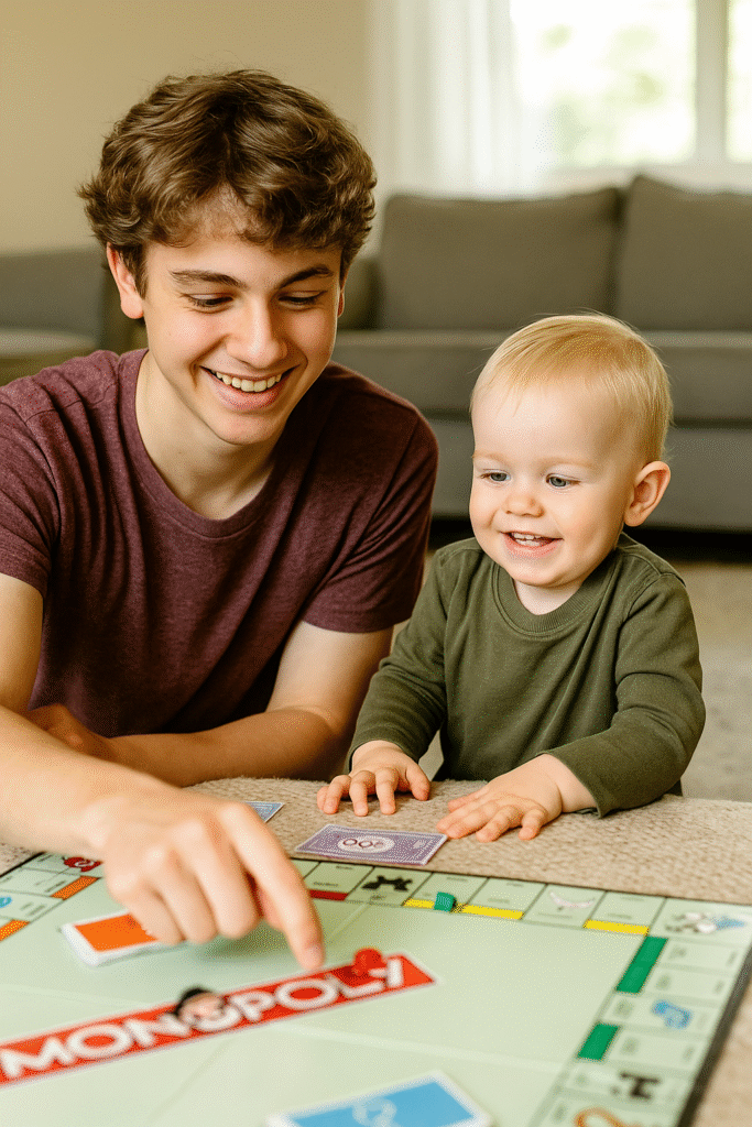 Teen teaches a toddler how to play Connect 4, demonstrating inclusive family game night ideas that involve all age groups.