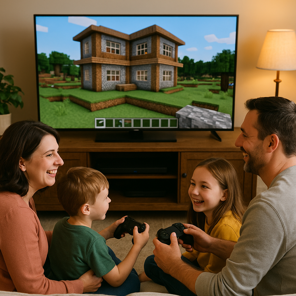 Family playing Minecraft together on the floor, a cozy digital take on family game night ideas with video games.