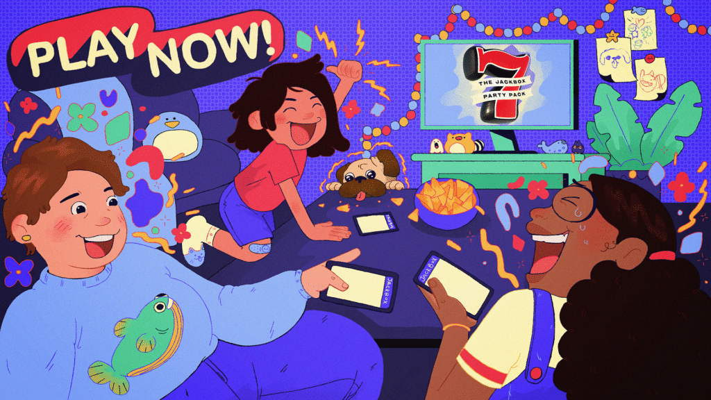 Family laughing and playing Jackbox games with smartphones, highlighting fun, digital family game night ideas.