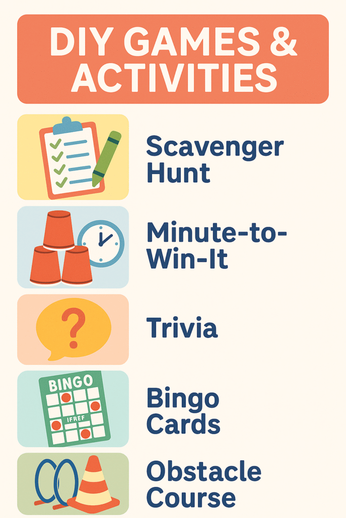Vertical Pinterest-style infographic showing five creative, budget-friendly family game night ideas like scavenger hunts and trivia.