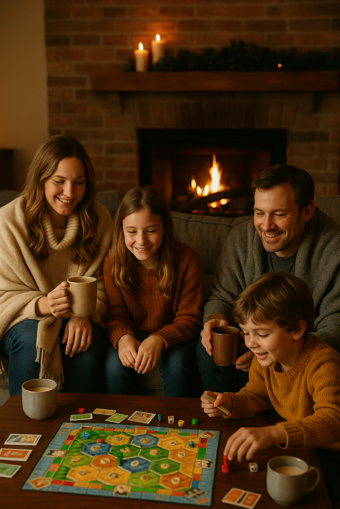 Family playing board games in a cozy living room with hot cocoa and blankets, a warm example of winter-themed family game night ideas.