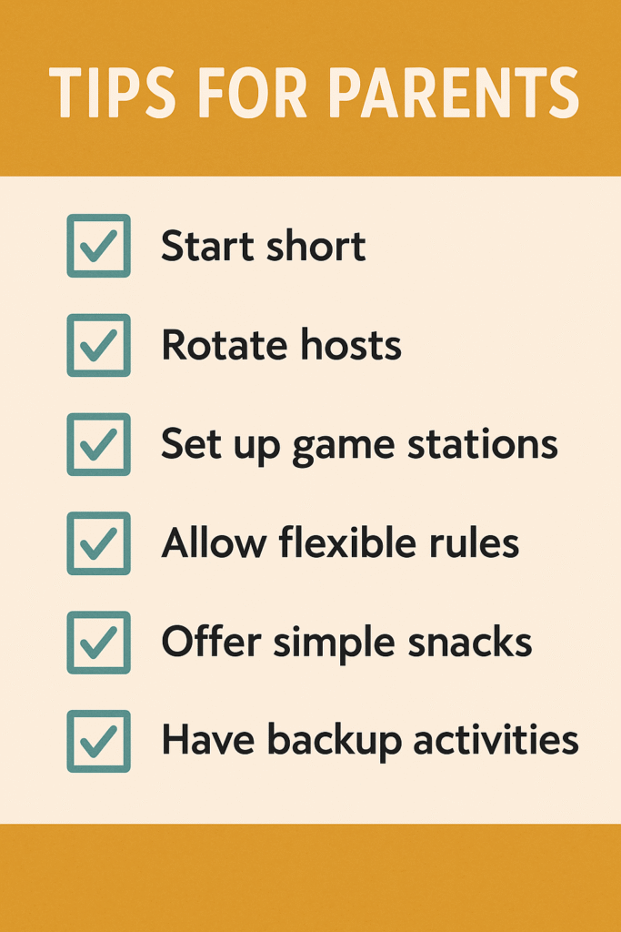 Checklist infographic offering simple, actionable tips for parents to make family game night ideas smooth and fun.