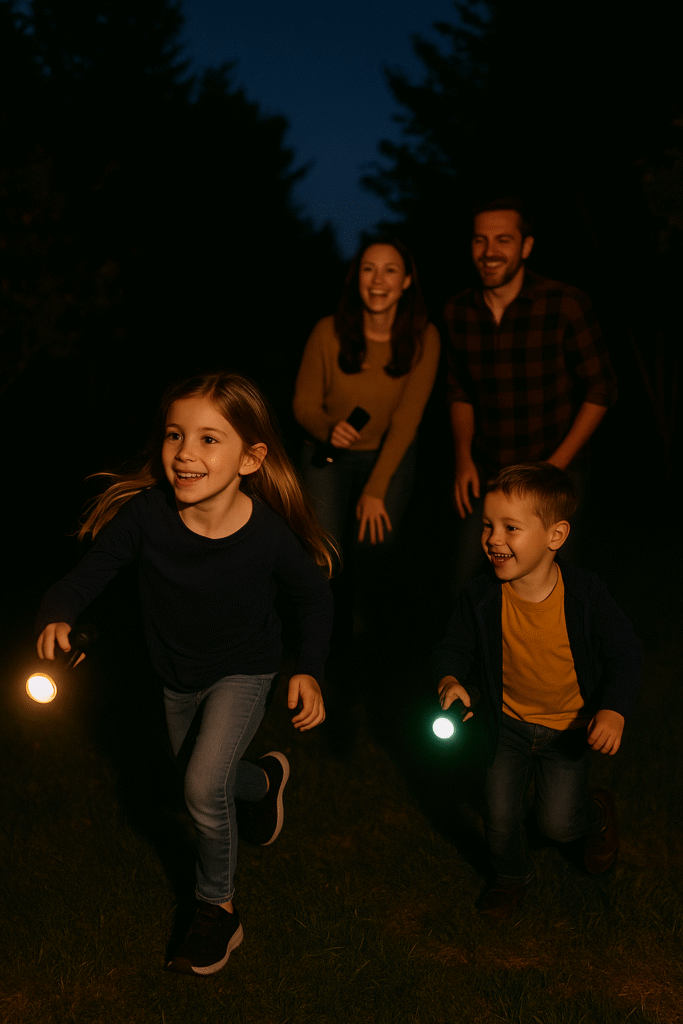 Children running with flashlights in a dark backyard as parents look on, capturing adventurous outdoor family game night ideas.