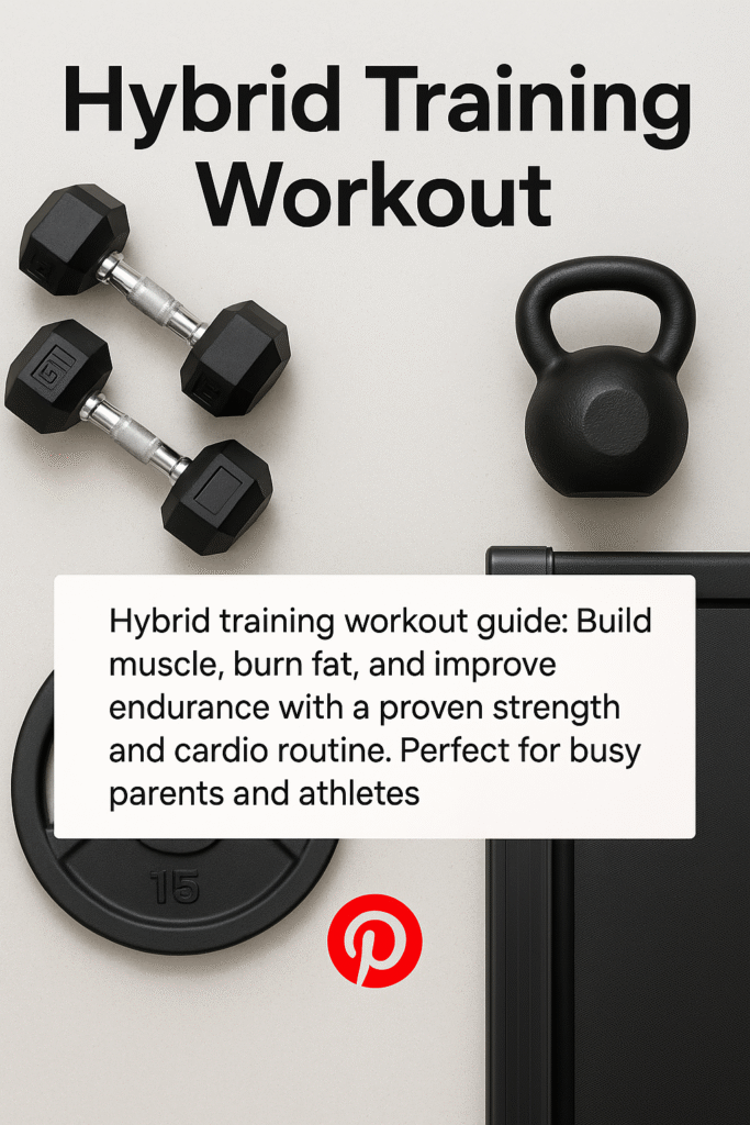 Hybrid training workout combining strength and cardio with weights, kettlebells, and treadmill in a clean gym flat lay