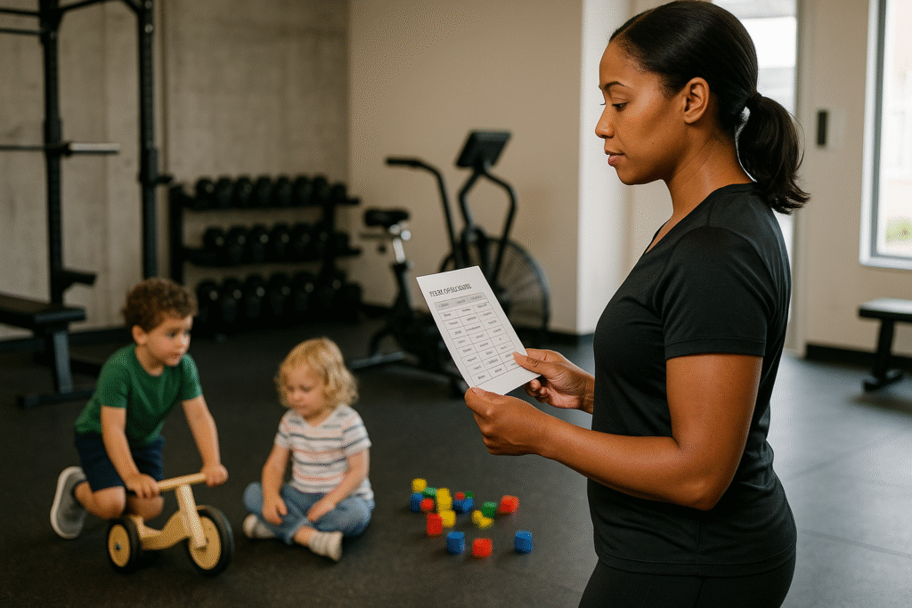 Parent glancing at gym schedule while kids play nearby, representing the challenge of fitting in hybrid training workouts