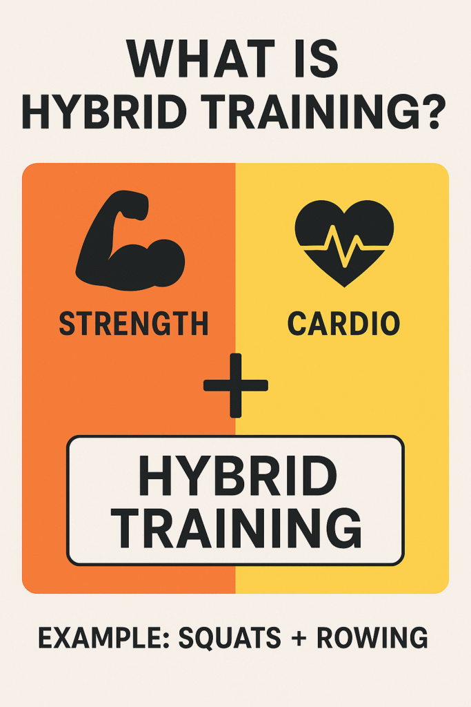 Infographic showing hybrid training as a blend of strength and cardio workouts, with examples like squats + rowing
