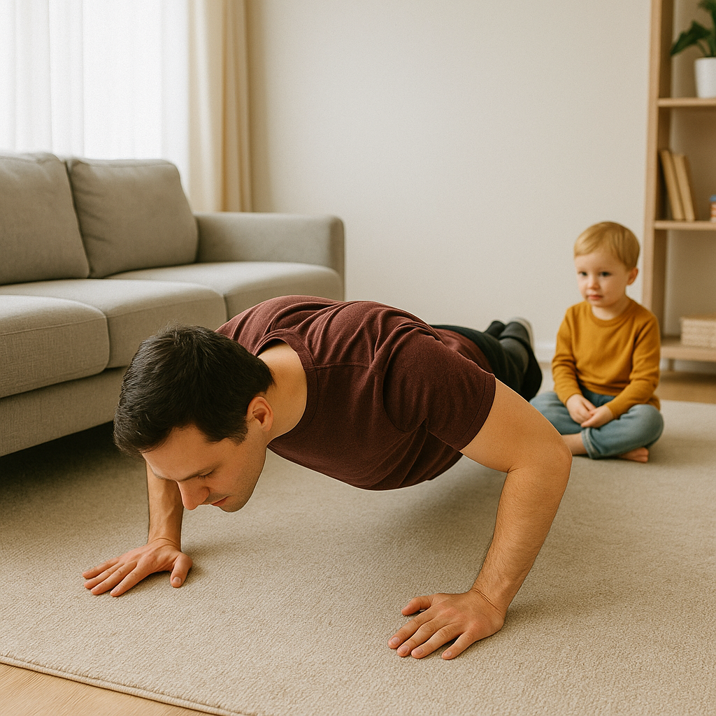Parent doing push-ups in living room while child sits nearby, quick hybrid workout at home