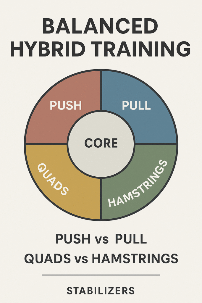 Wheel diagram showing push vs pull, quads vs hamstrings, core, stabilizers