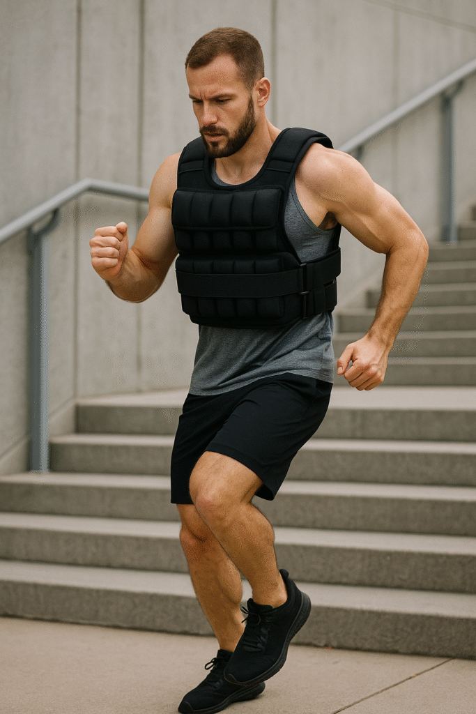Athlete walking stairs with weighted vest during hybrid workout