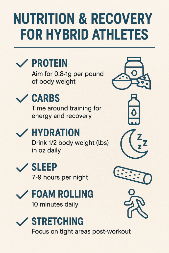 Checklist infographic with protein, carbs, hydration, sleep, foam rolling, stretching