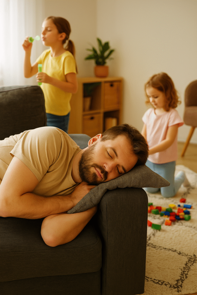 A realistic photograph showing a tired parent napping on a couch while kids play quietly nearby with toys. The mood is warm and cozy, natural household environment. Symbolizes the importance of sleep and rest for recovery in hybrid training.
