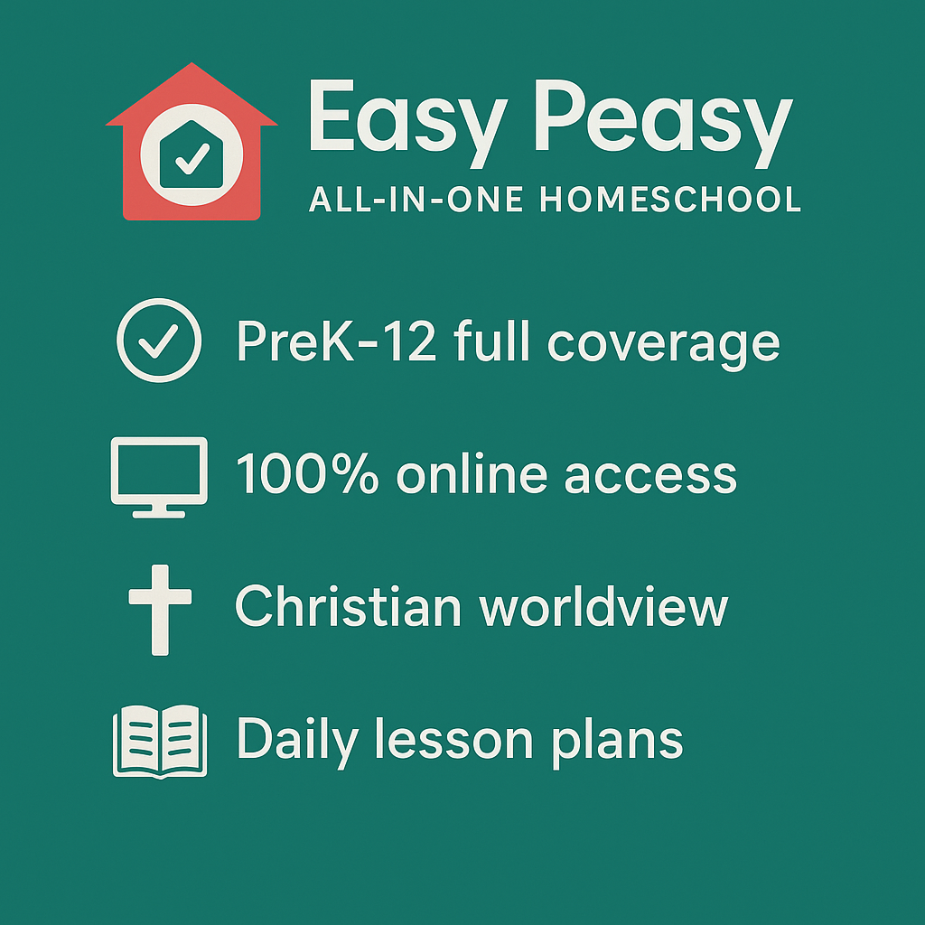 Infographic showing Easy Peasy homeschool features – PreK-12, online, Christian worldview, daily structured lessons.