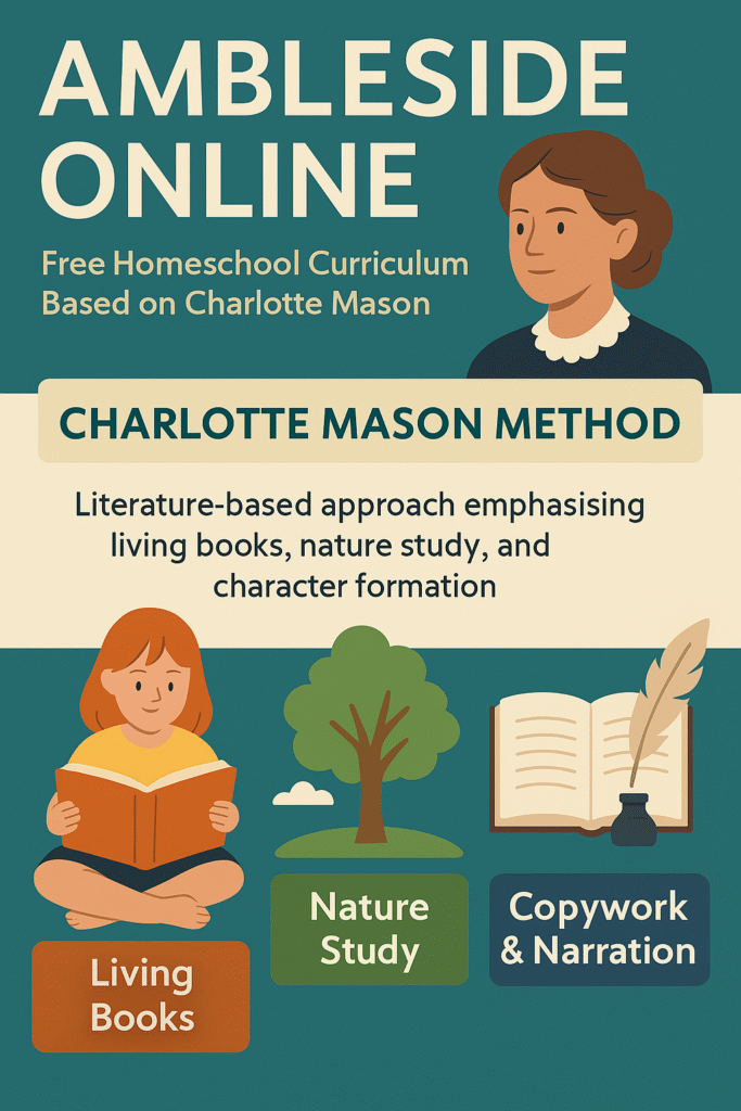 Infographic showing Ambleside Online homeschool features – living books, nature study, narration and copywork, arts and music focus.
