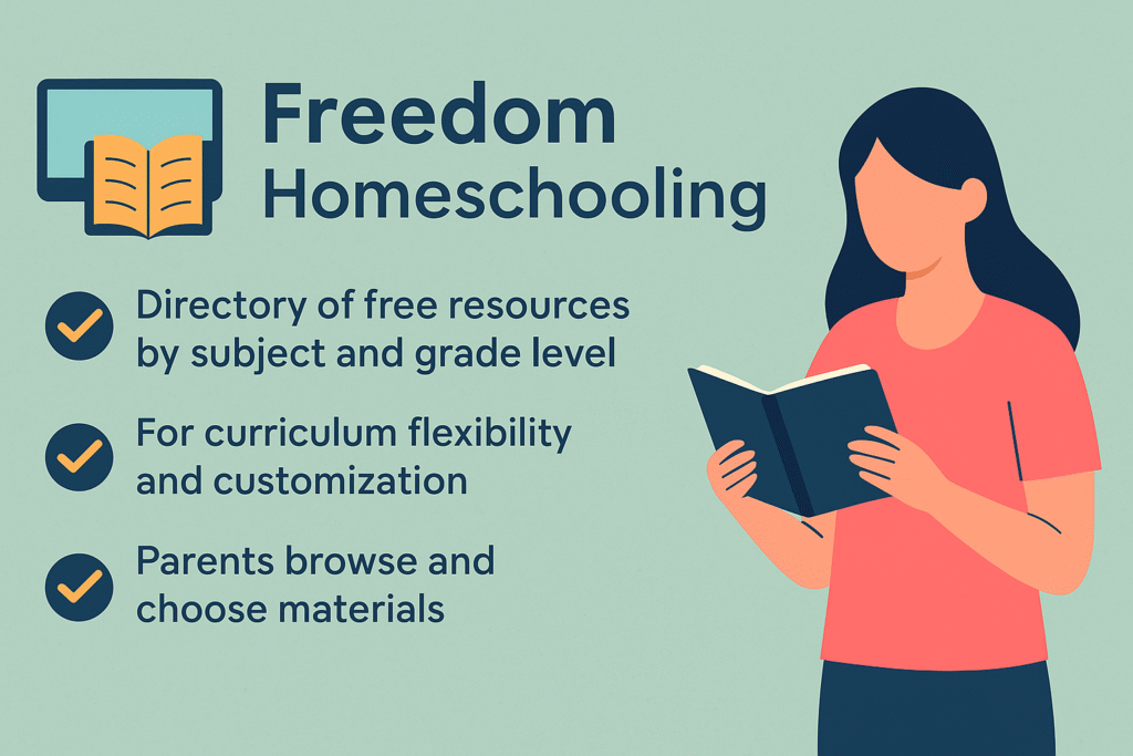 Infographic for Freedom Homeschooling, a free homeschool resource directory. Features include directory of free resources by subject and grade, flexibility for customization, and parent choice of materials. Illustrated with a woman holding a book.