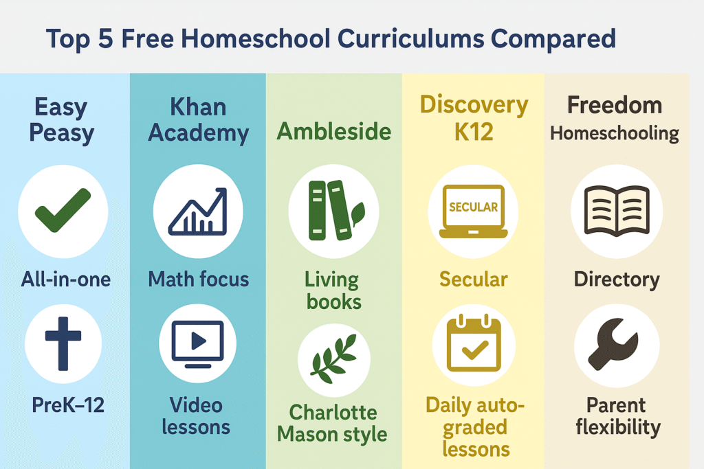 Comparison infographic showing Easy Peasy, Khan Academy, Ambleside Online, Discovery K12, and Freedom Homeschooling with their main features side by side.