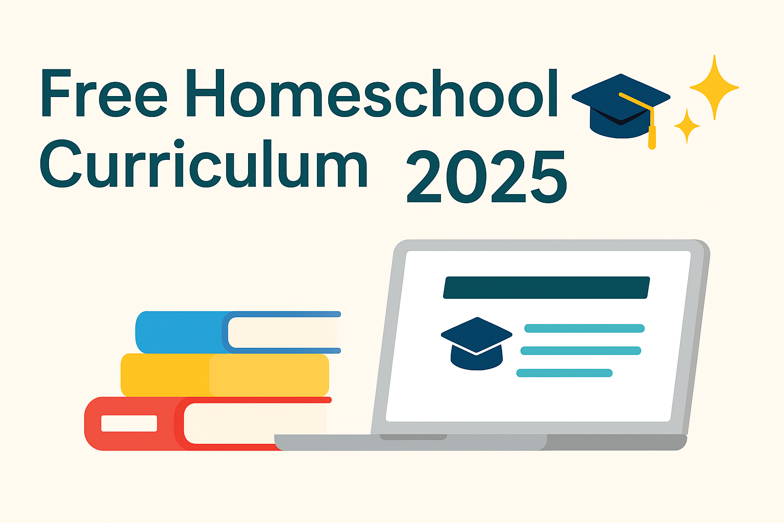 Free homeschool curriculum 2025 illustration with laptop, books, and graduation cap.