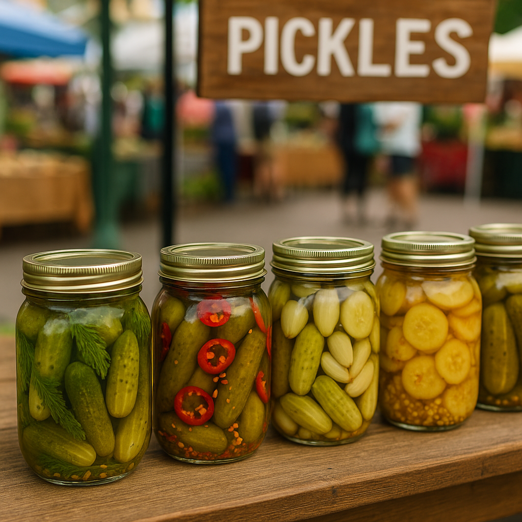 Assorted flavored pickles in jars from a farmers’ market stand, including dill, spicy jalapeño, garlic, and bread and butter pickles.