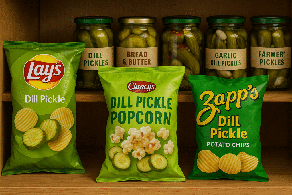 Pantry shelf stocked with pickle-flavored chips, popcorn, and snack bags alongside jars of pickles.