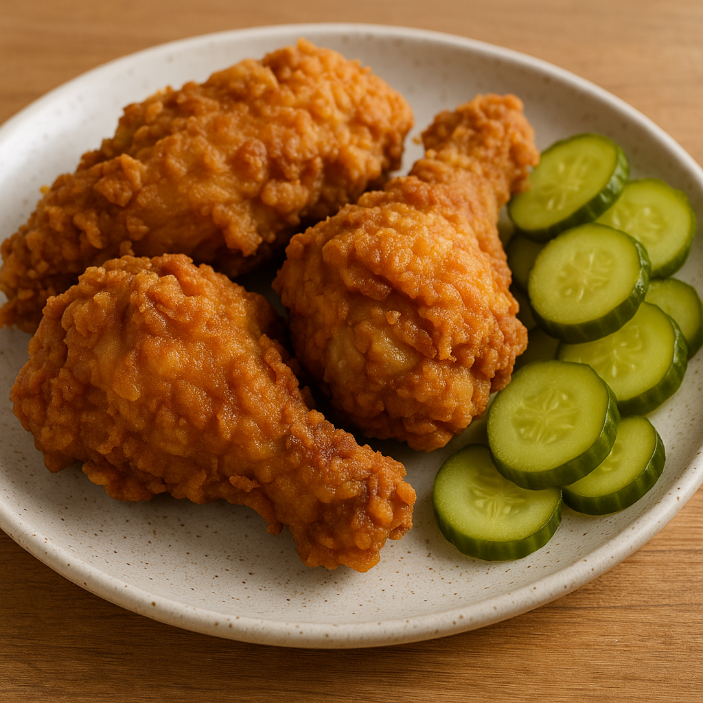 Golden, crispy fried chicken served on a plate with dill pickle slices on the side, showcasing pickle-brined chicken recipe.