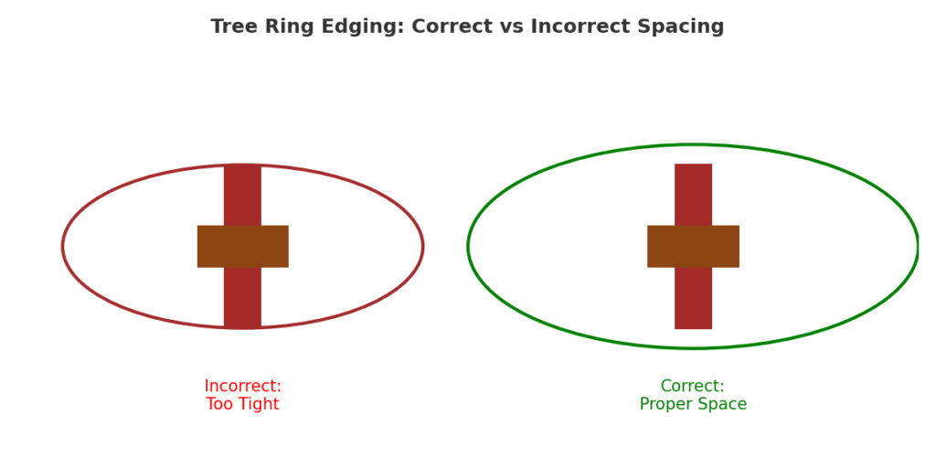 Tree ring edging installation diagram showing proper spacing around root flare