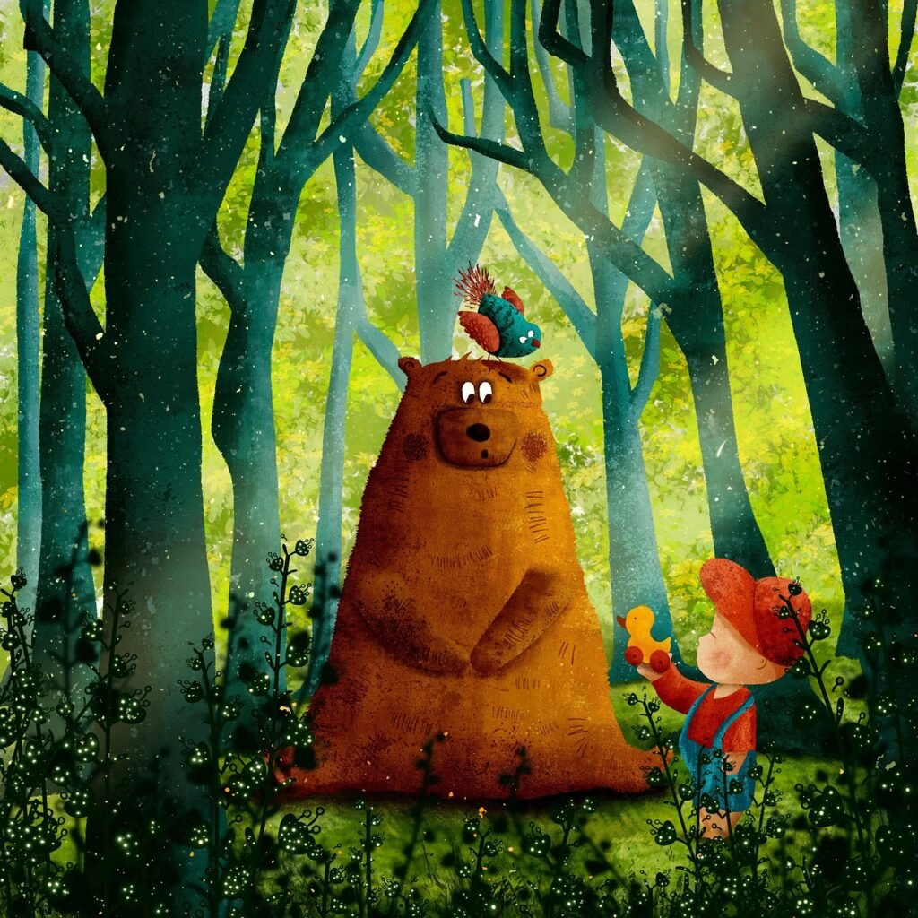 bear, nature, child, bird, trees, woods, forest, cute, children book