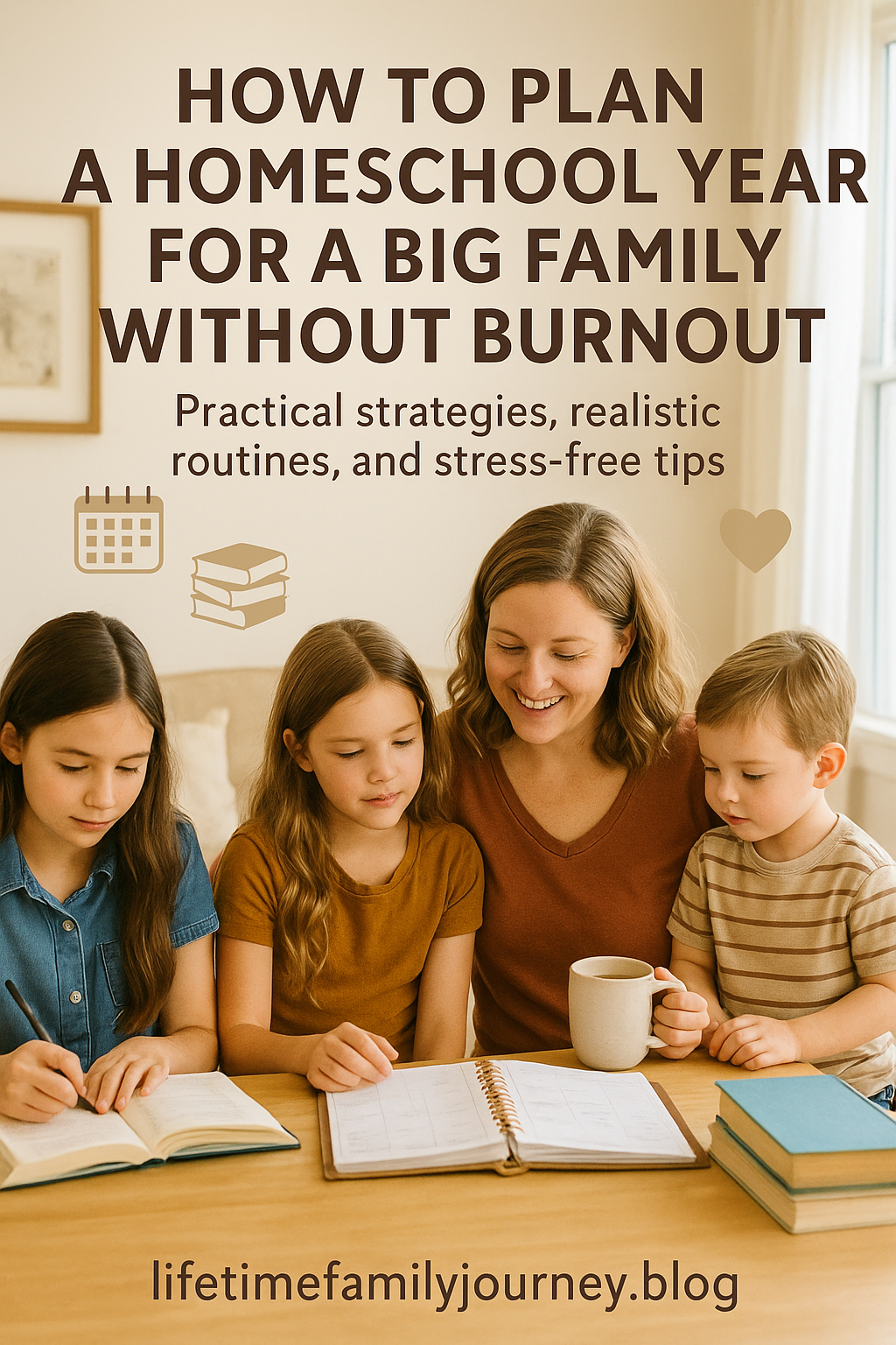Pinterest graphic with the title 'How to Plan a Homeschool Year for a Big Family Without Burnout' over a warm homeschool family scene, books and planner on the table, cozy home background.