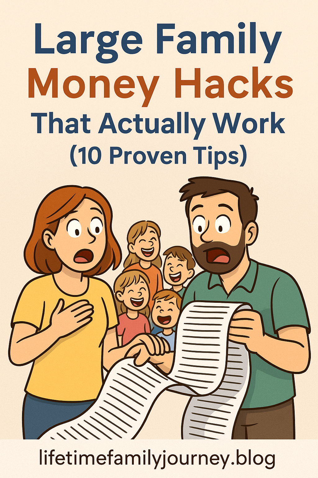 Large family money hacks Pinterest image - parents shocked by endless grocery receipt with kids in background