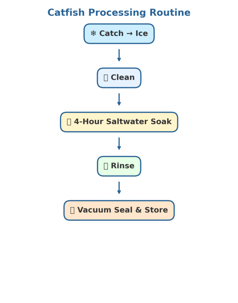 Colorful infographic showing catfish processing steps: catch on ice, clean, soak fillets in saltwater for 4 hours, rinse, and vacuum seal for storage.