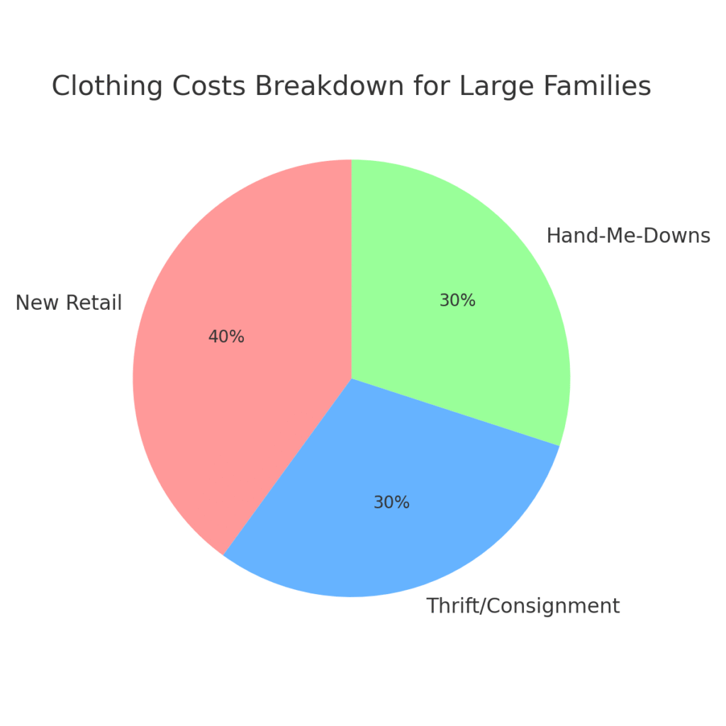 Pie chart showing clothing costs for large families: 40% new retail, 30% thrift/consignment, 30% hand-me-downs.