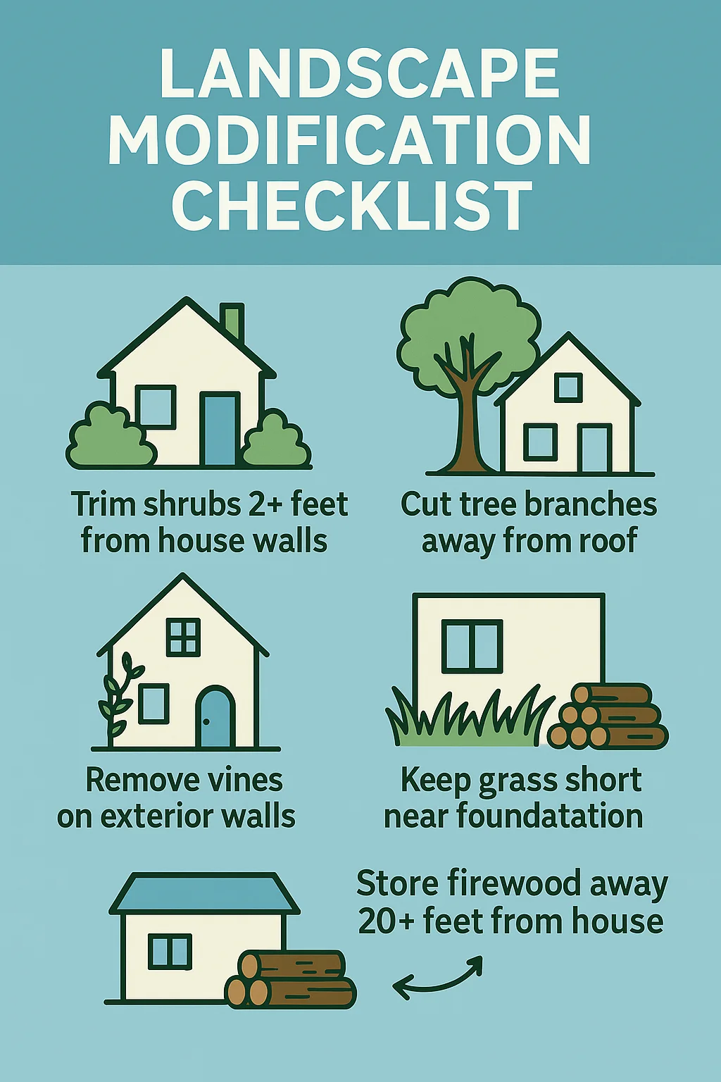 Infographic showing outdoor pest prevention steps: trim shrubs, cut tree branches, remove vines from walls, keep grass short near foundation, store firewood away.