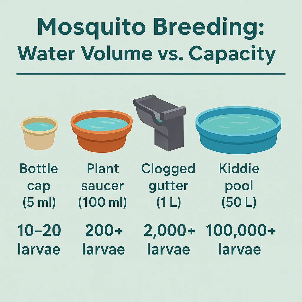 Chart showing how different water volumes breed mosquitoes: bottle cap 10β20 larvae, plant saucer 200+, clogged gutter 2,000+, kiddie pool 100,000+.