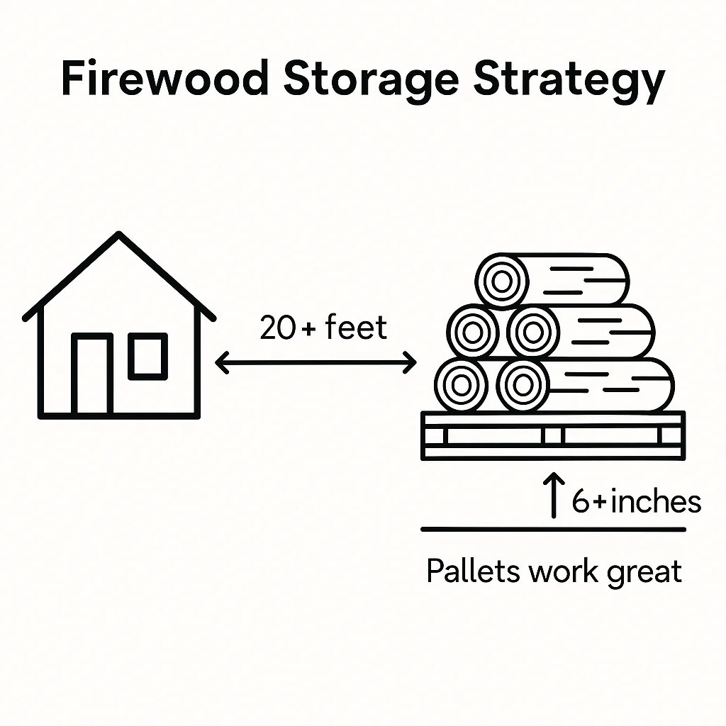 Diagram showing correct firewood storage: stacked on pallets raised 6 inches off the ground and stored at least 20 feet away from the house.