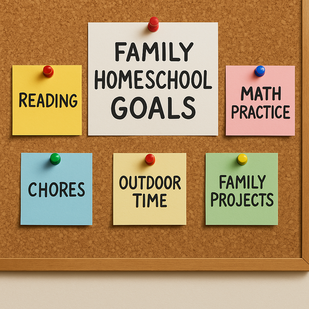 A cork bulletin board with a white sign that reads βFamily Homeschool Goalsβ in bold black letters, surrounded by colorful sticky notes labeled Reading, Math Practice, Chores, Outdoor Time, and Family Projects.