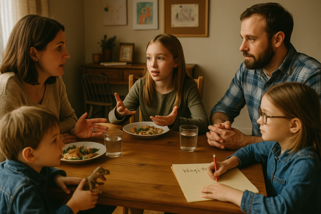 A family of five sits around a dinner table having a homeschool review discussion, with children eating, one child holding a toy dinosaur, and another writing notes while the parents listen and talk together.