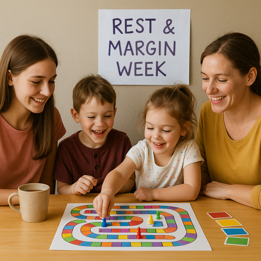 A mother, older daughter, young son, and little daughter sit around a table smiling as they play a colorful board game together, with a poster on the wall reading βRest & Margin Week.β
