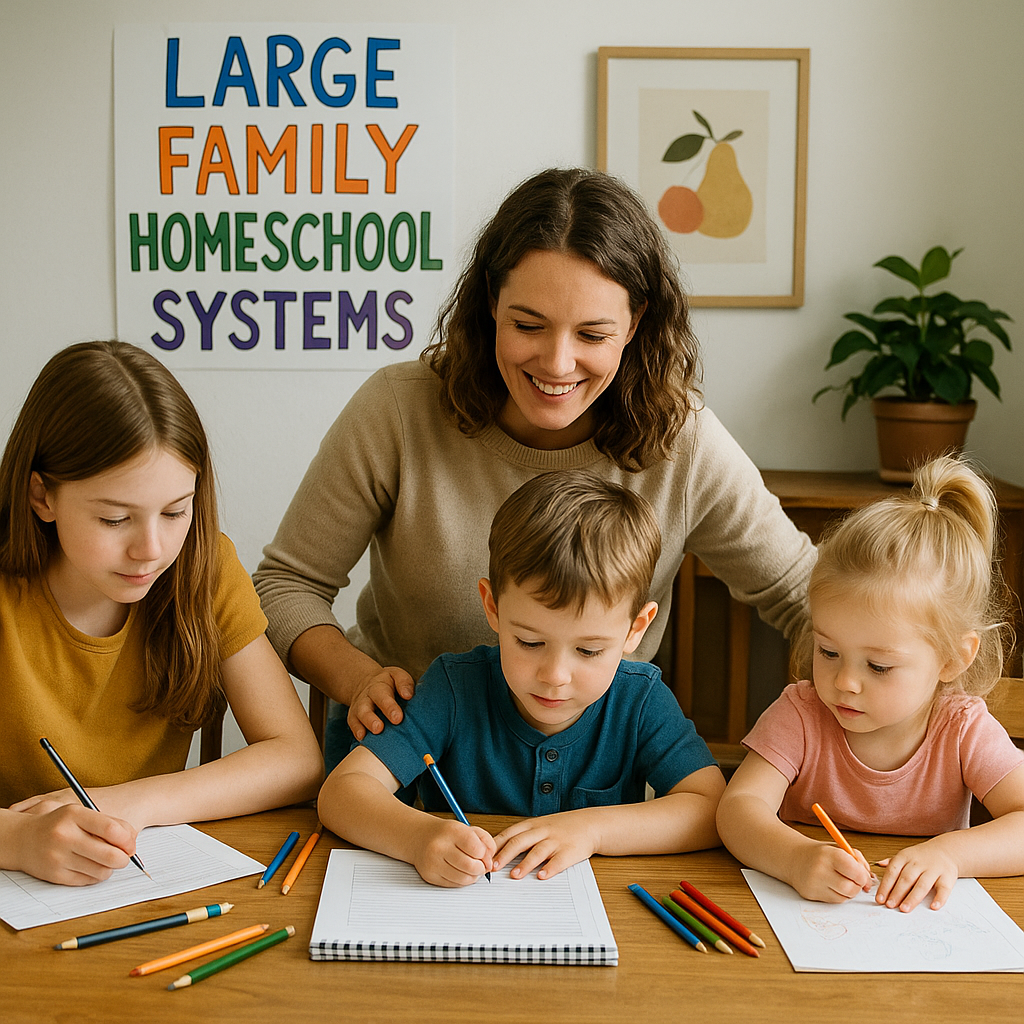 A homeschooling mom sits at a wooden table with three children of different ages, helping them with writing and math while they work in notebooks and use colored pencils, with a bright βLarge Family Homeschool Systemsβ sign in the background.