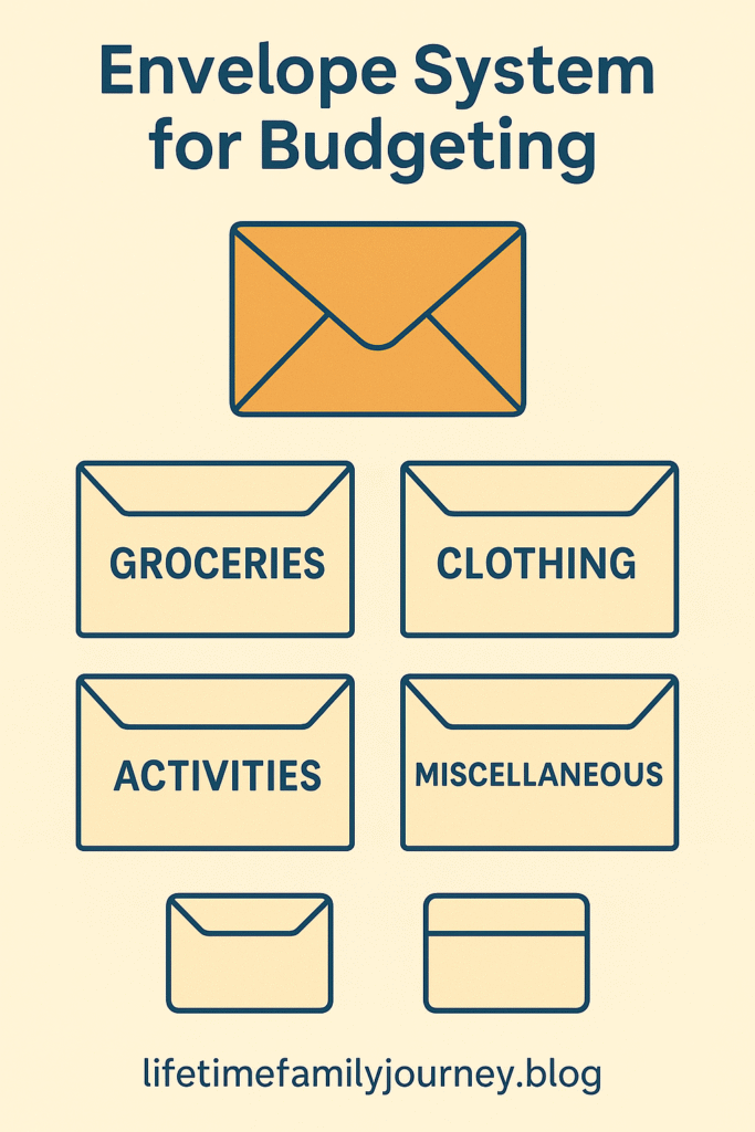 Infographic showing the envelope system for family budgeting with envelopes labeled groceries, clothing, activities, and miscellaneous, highlighting large family money hacks.