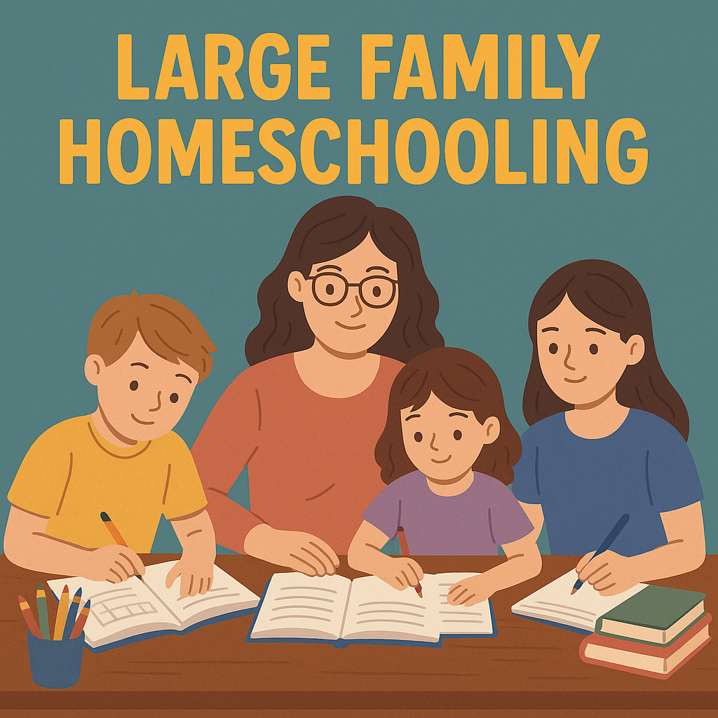 A flat-style digital illustration of a homeschooling mother and three children working together at a wooden table, with the bold yellow title βLarge Family Homeschoolingβ above them.