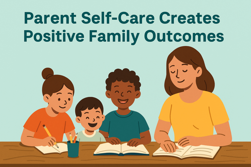 A flat-style digital illustration of a homeschooling mother with three children working happily at a table, under the banner βParent Self-Care Creates Positive Family Outcomes.β