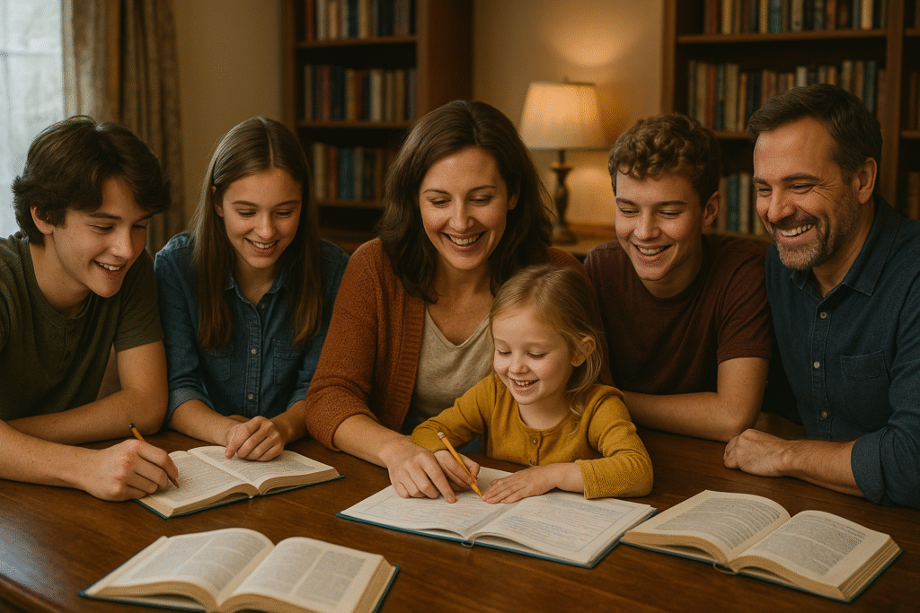 A smiling homeschool family of six gathered around a wooden table in a cozy living room, each child engaged in reading or writing with parents nearby, creating a warm and encouraging atmosphere.