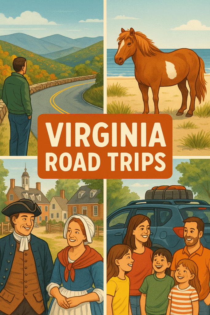 Collage of Virginia family road trips: Skyline Drive mountain view, wild pony on Chincoteague beach, Colonial Williamsburg reenactors, and family with SUV.