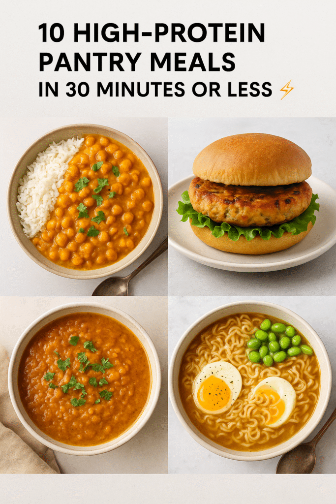 Collage of four high-protein pantry meals: chickpea curry with rice, a salmon burger on a bun, a bowl of creamy lentil soup, and upgraded ramen with soft-boiled eggs and edamame, under the heading ‘10 High-Protein Pantry Meals in 30 Minutes or Less ⚡.’