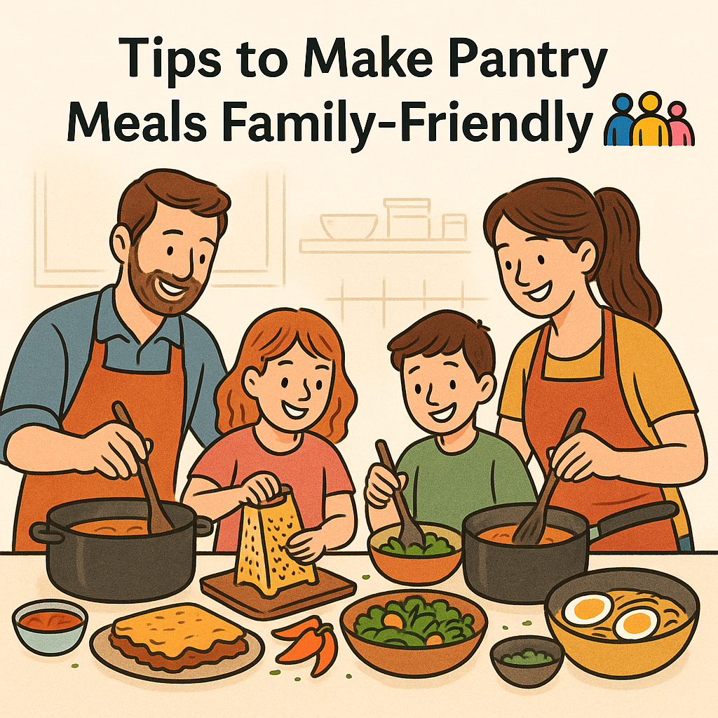 Illustrated family cooking together in a cozy kitchen: father stirring a large pot, mother ladling from a pan, kids grating cheese and mixing salad, surrounded by pantry-friendly dishes.