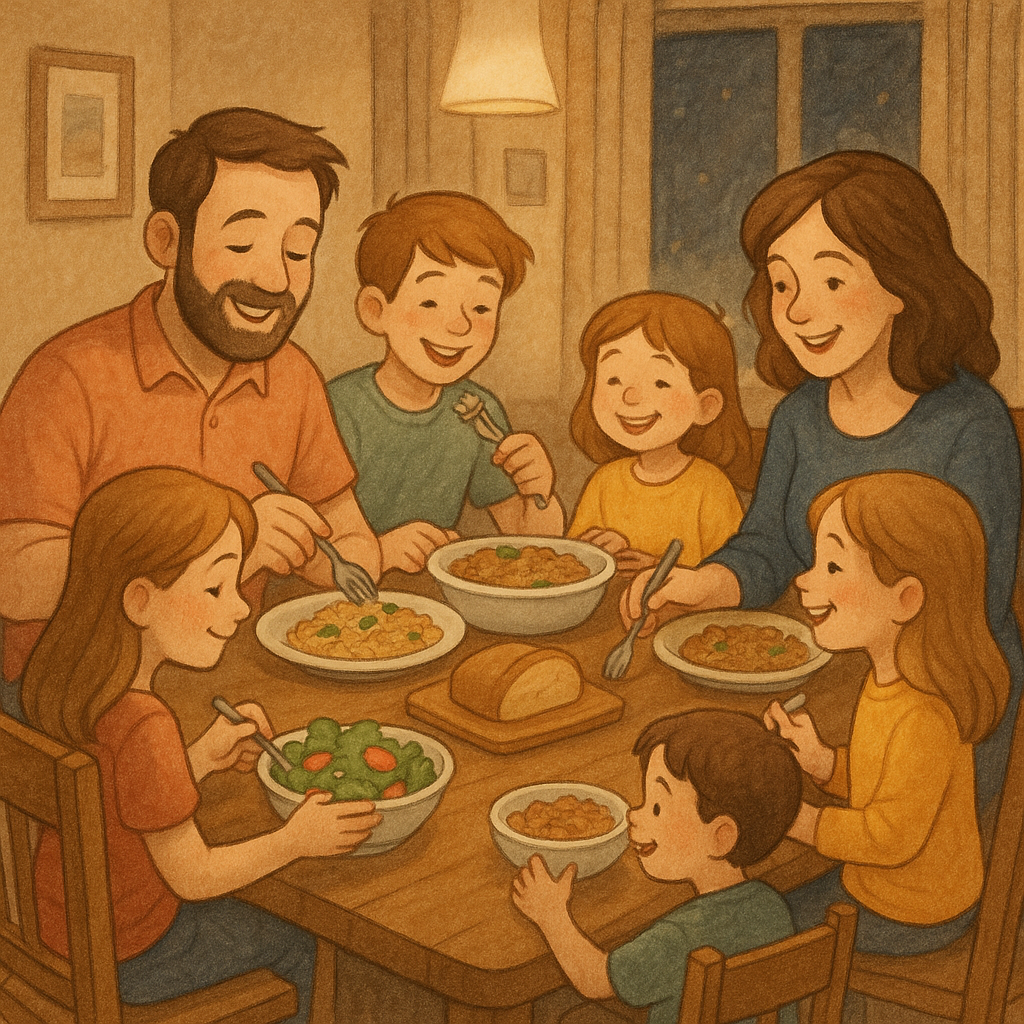 Illustration of a large family gathered around a wooden dinner table, parents and kids smiling and eating pasta, salad, and stew together under warm evening light.