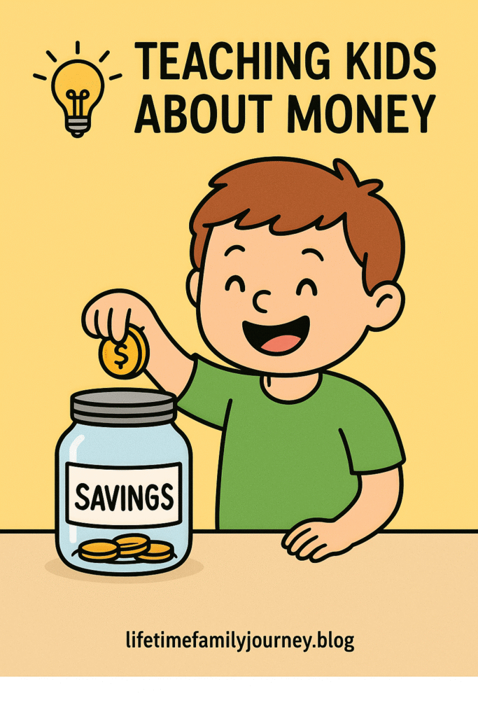 Cartoon illustration of a smiling child placing a coin into a jar labeled “SAVINGS,” symbolizing teaching kids about money and family budgeting habits.